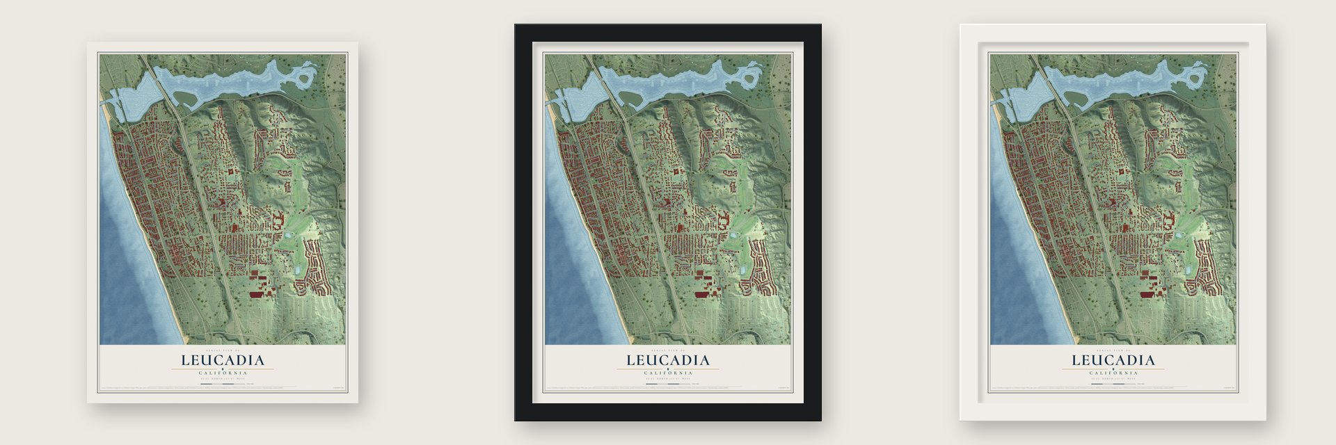 Leucadia, California map unframed, in a black wood frame and in a white wood frame