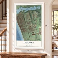 Leucadia, California map, 24 x 36 inch print in a white frame by a staircase