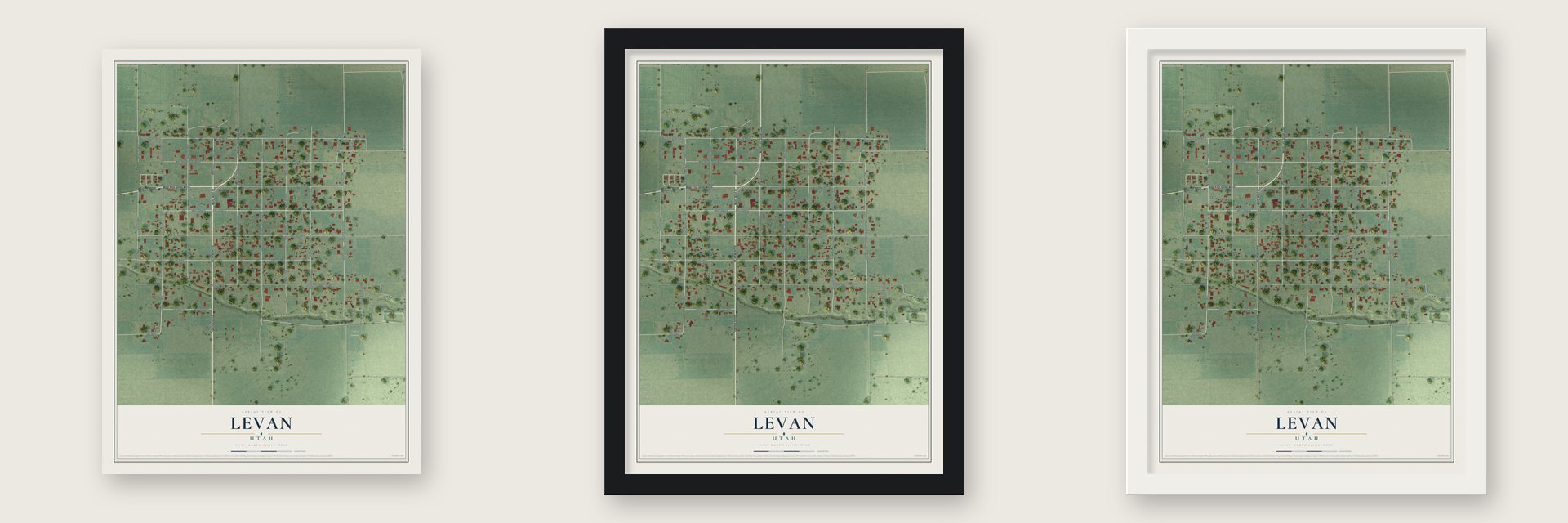 Levan, Utah map unframed, in a black wood frame and in a white wood frame