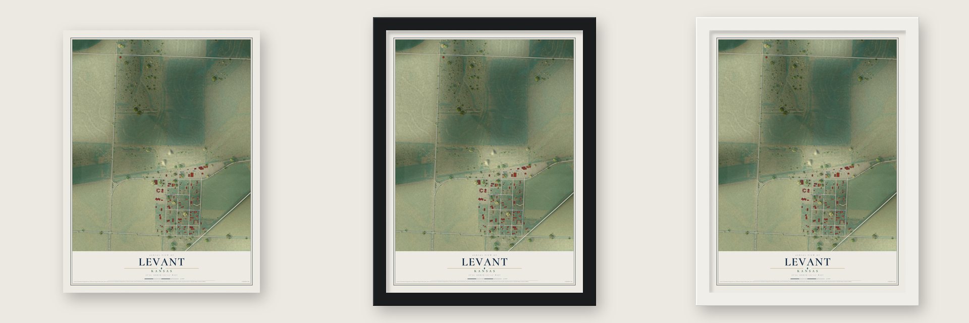 Levant, Kansas map unframed, in a black wood frame and in a white wood frame