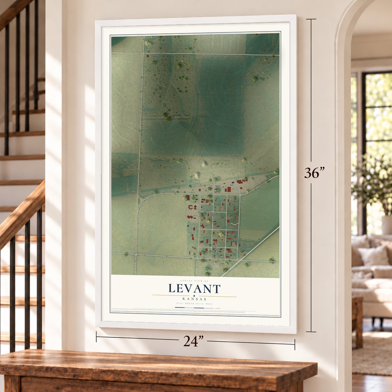 Levant, Kansas map, 24 x 36 inch print in a white frame by a staircase