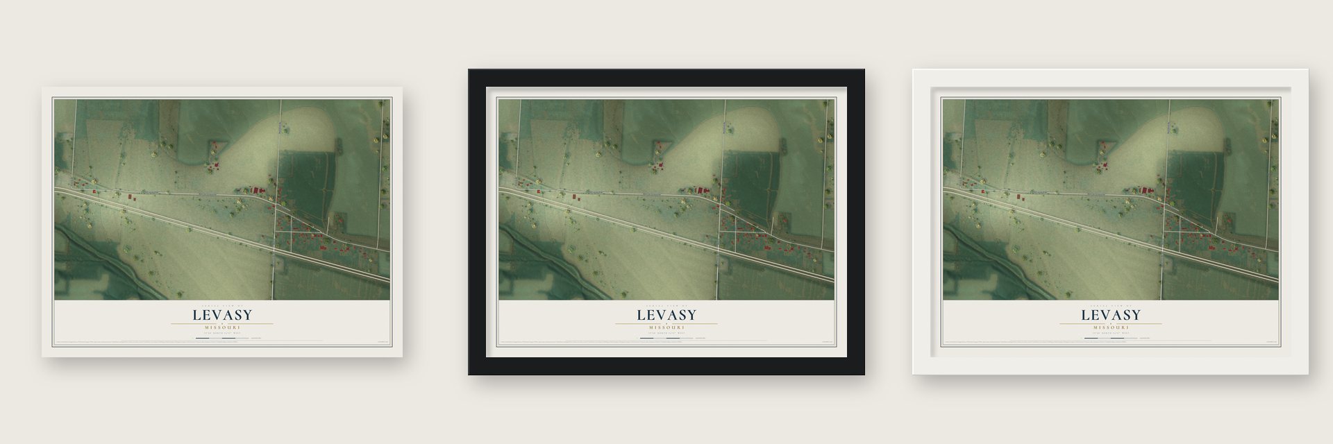 Levasy, Missouri map unframed, in a black wood frame and in a white wood frame