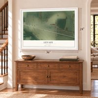 Levasy, Missouri map, 24 x 36 inch print in a white frame above a dresser by a staircase