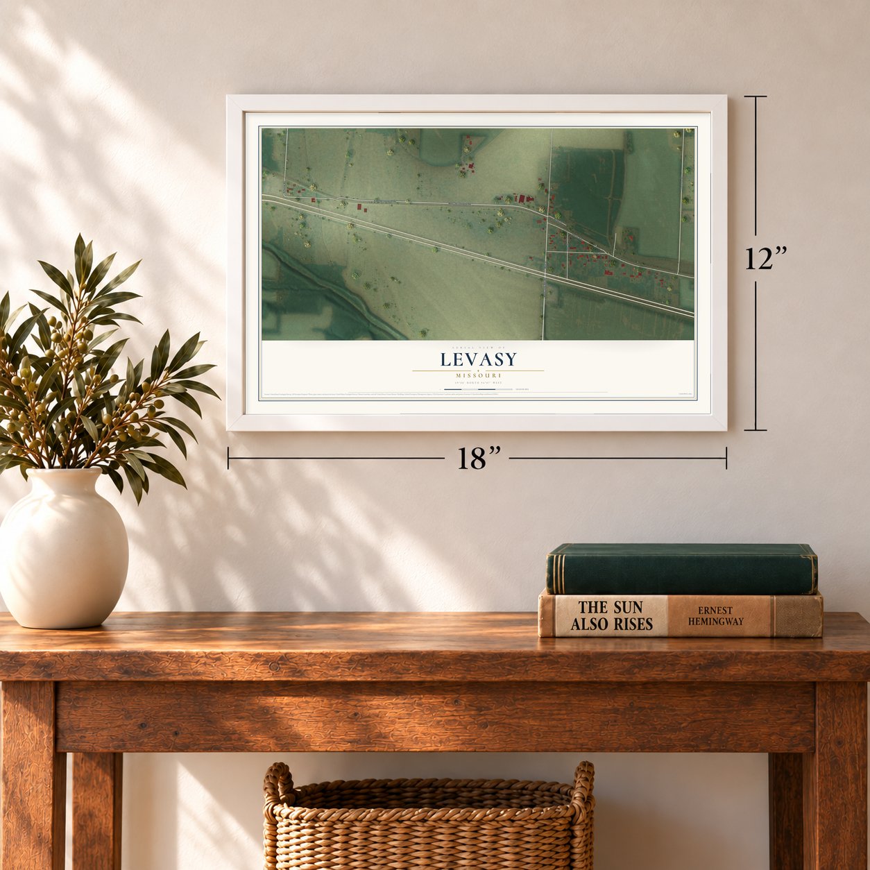 Levasy, Missouri map, 12 x 18 inch print in a white frame in an entryway