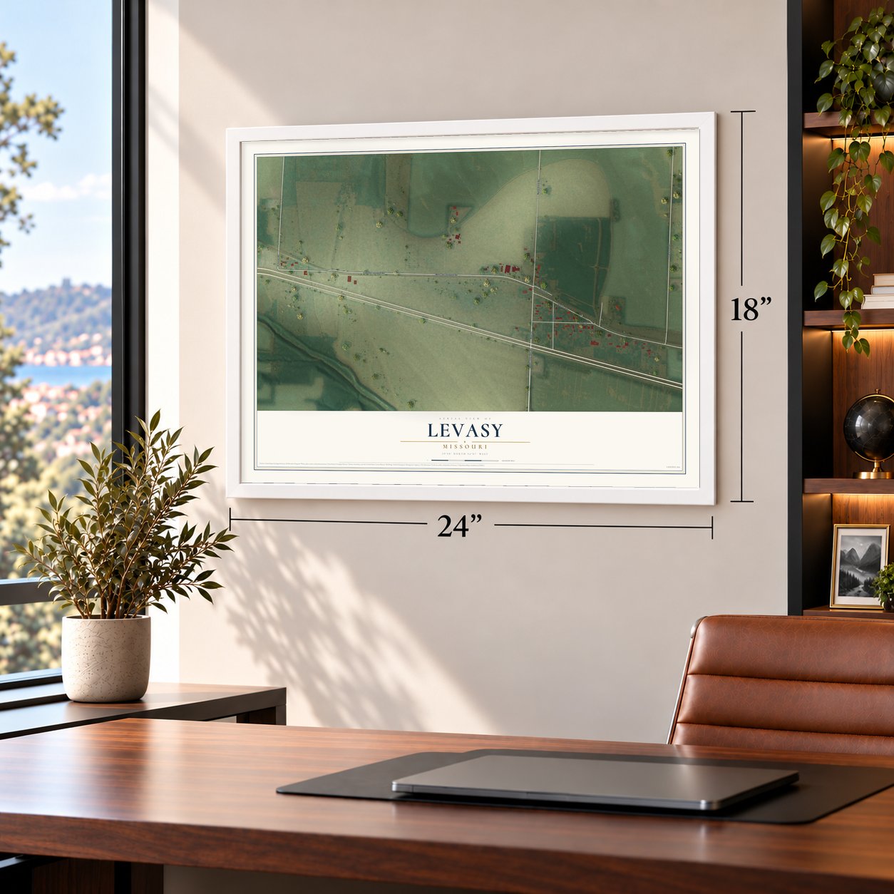Levasy, Missouri map, 18 x 24 inch print in a white frame in a home office