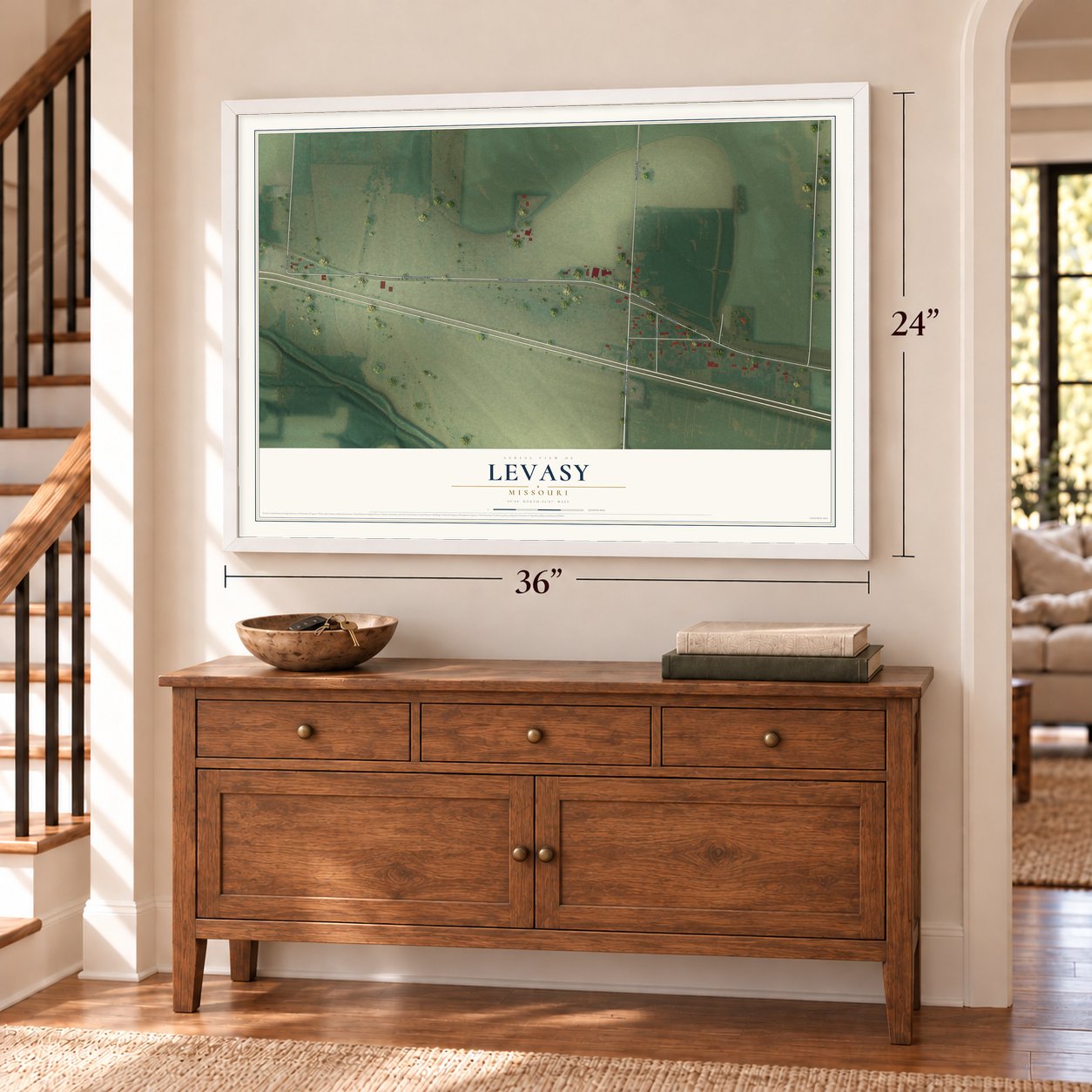 Levasy, Missouri map, 24 x 36 inch print in a white frame above a dresser by a staircase