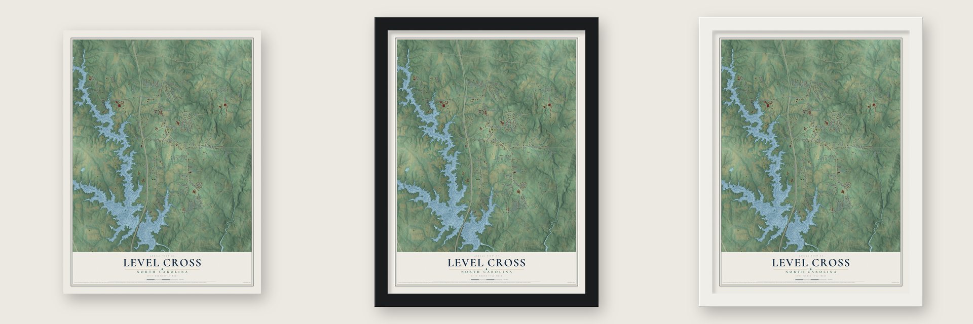 Level Cross, North Carolina map unframed, in a black wood frame and in a white wood frame