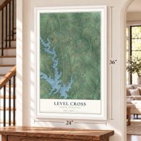 Level Cross, North Carolina map, 24 x 36 inch print in a white frame by a staircase