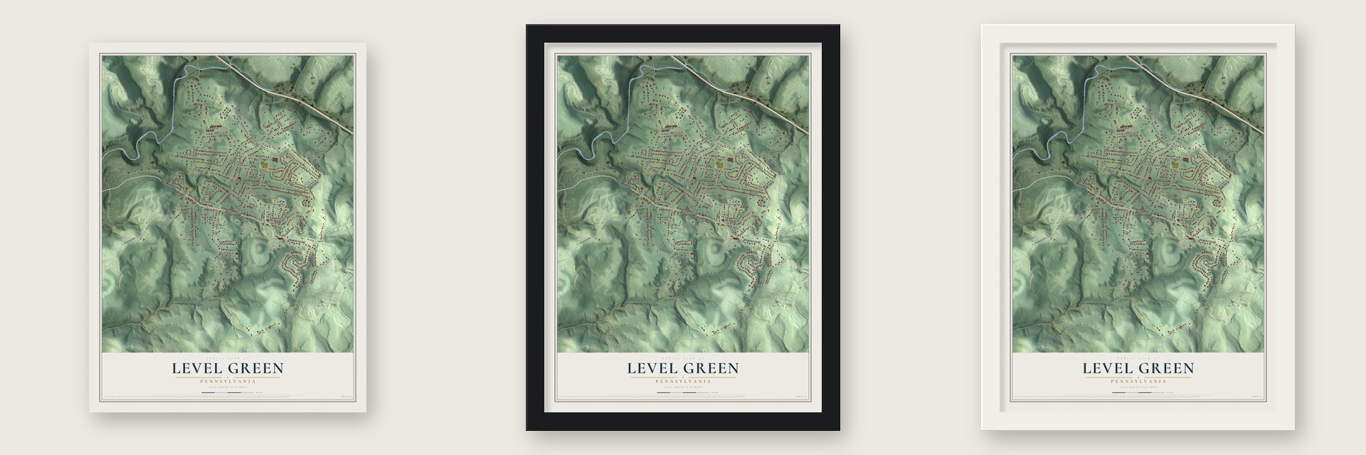 Level Green, Pennsylvania map unframed, in a black wood frame and in a white wood frame