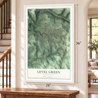 Level Green, Pennsylvania map, 24 x 36 inch print in a white frame by a staircase