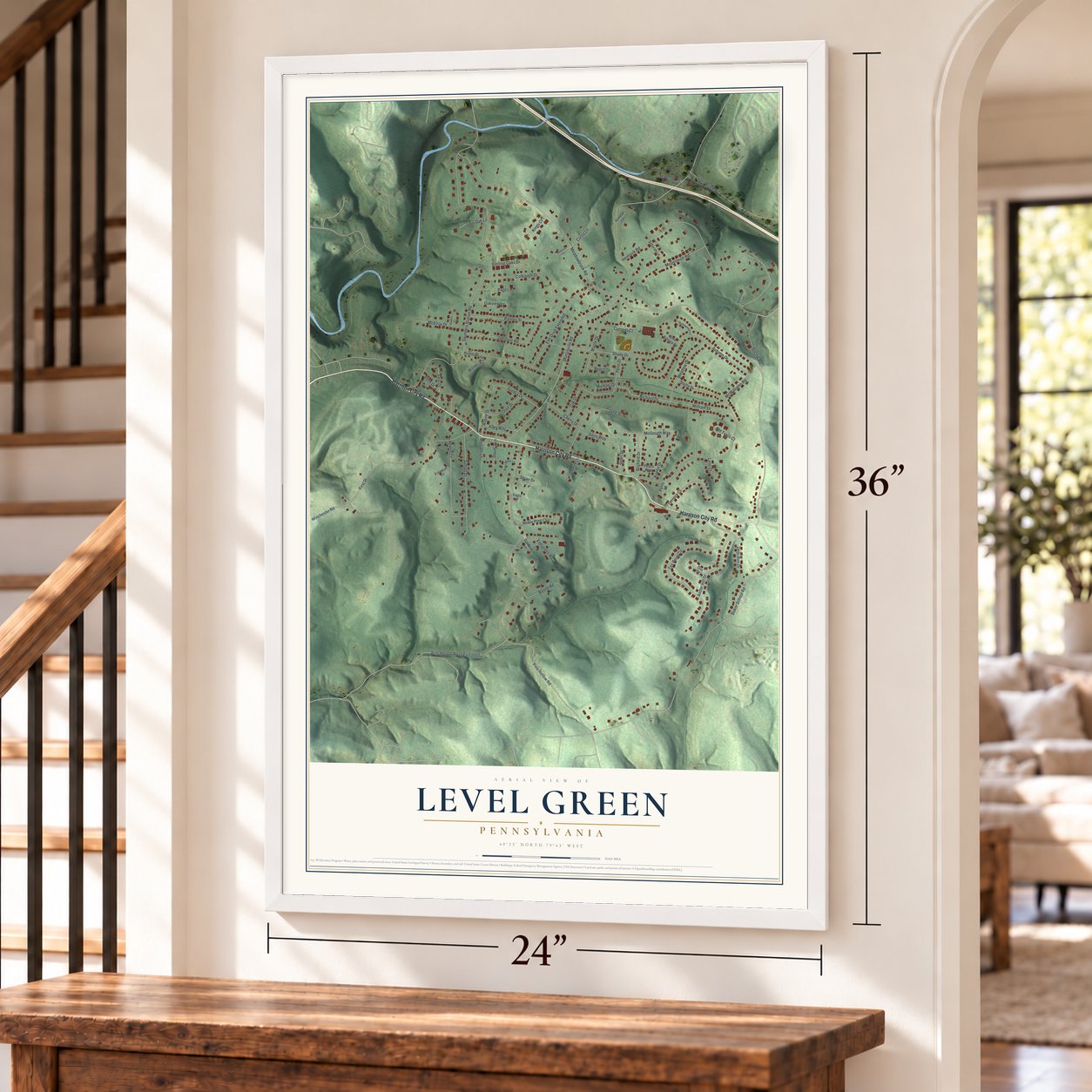Level Green, Pennsylvania map, 24 x 36 inch print in a white frame by a staircase