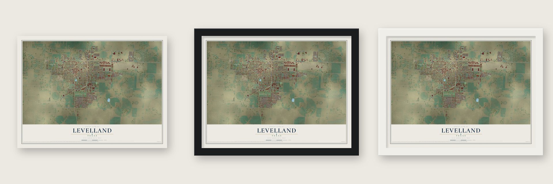 Levelland, Texas map unframed, in a black wood frame and in a white wood frame
