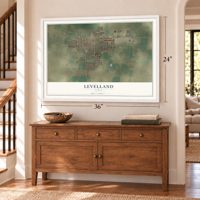 Levelland, Texas map, 24 x 36 inch print in a white frame above a dresser by a staircase