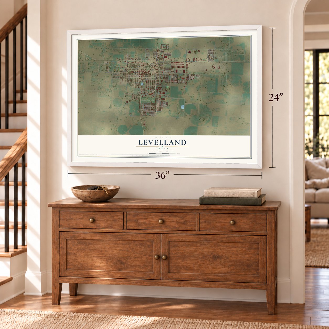 Levelland, Texas map, 24 x 36 inch print in a white frame above a dresser by a staircase