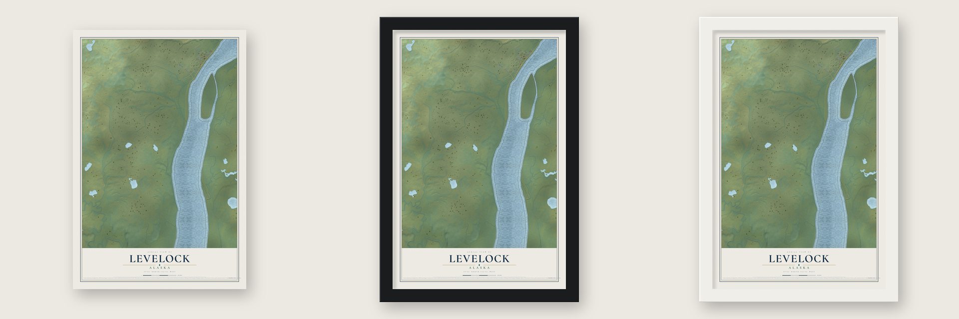 Levelock, Alaska map unframed, in a black wood frame and in a white wood frame