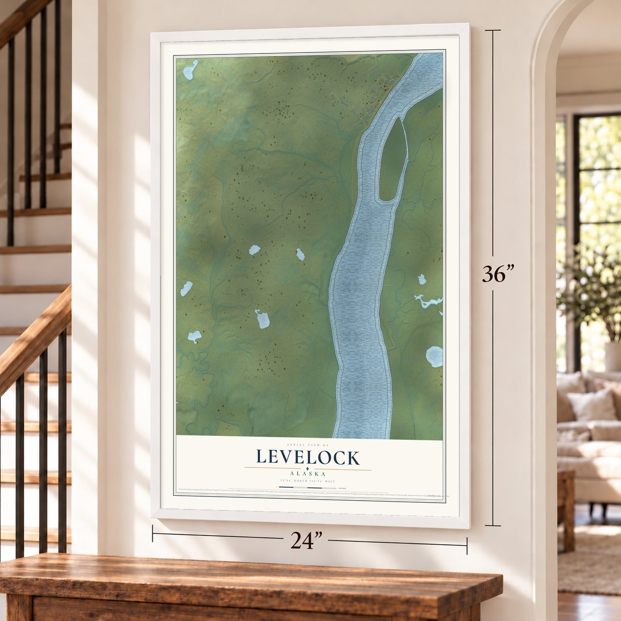 Levelock, Alaska map, 24 x 36 inch print in a white frame by a staircase