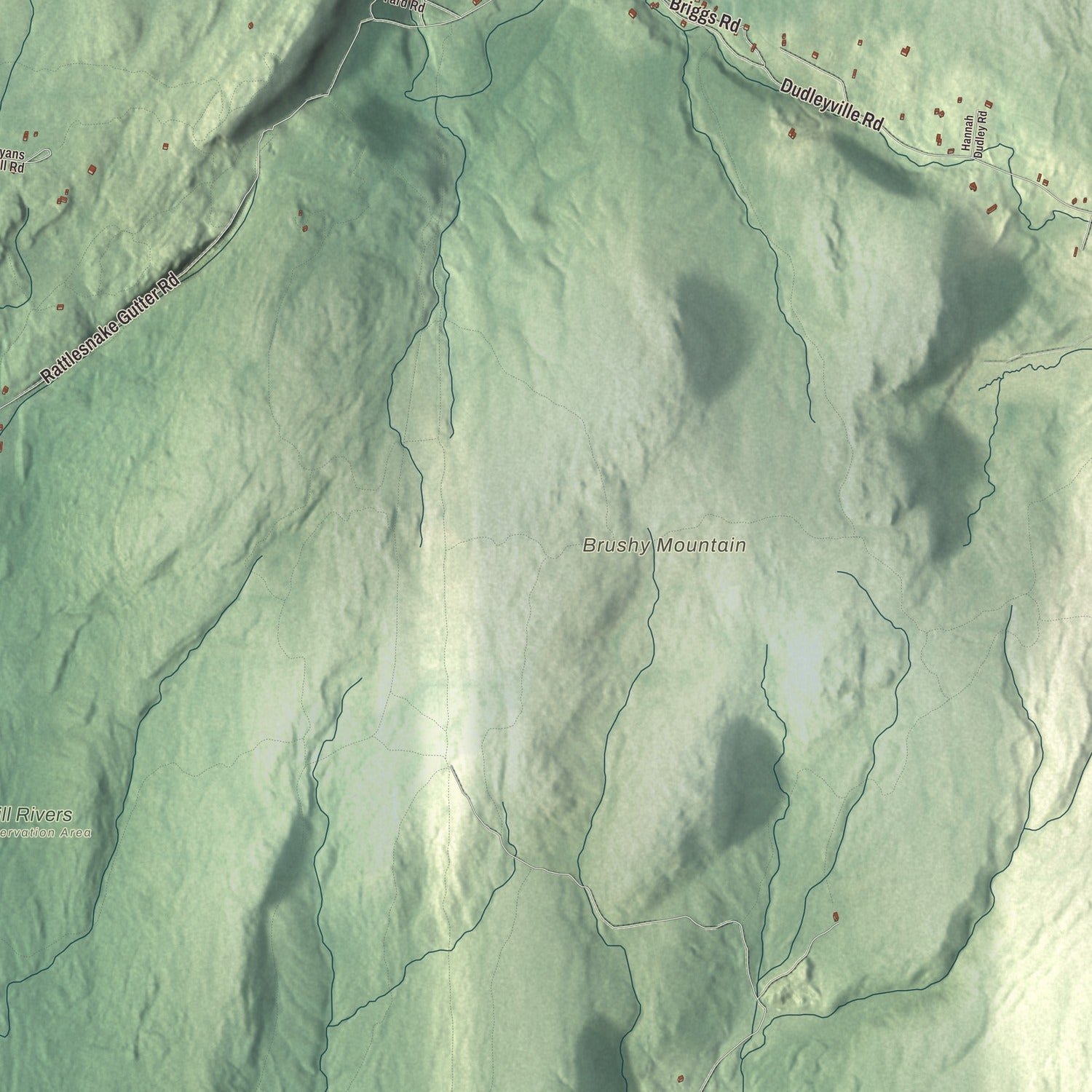 Close-up of the map of Leverett, Massachusetts print showing terrain and local geography