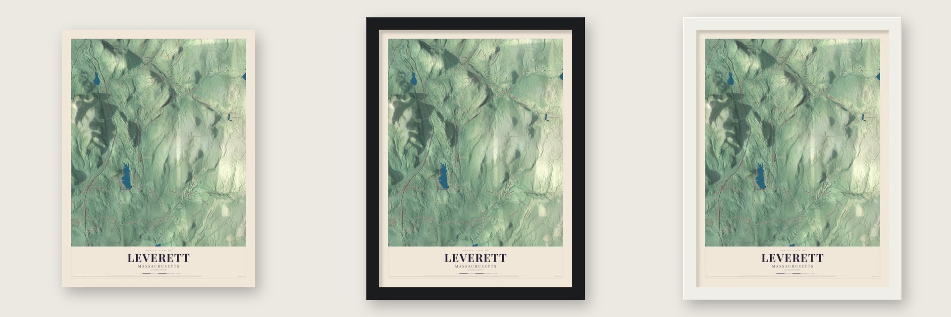 Leverett, Massachusetts map unframed, in a black wood frame and in a white wood frame