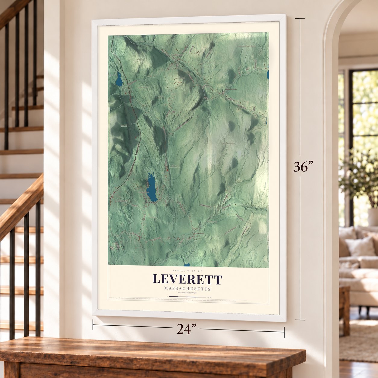 Leverett, Massachusetts map, 24 x 36 inch print in a white frame by a staircase