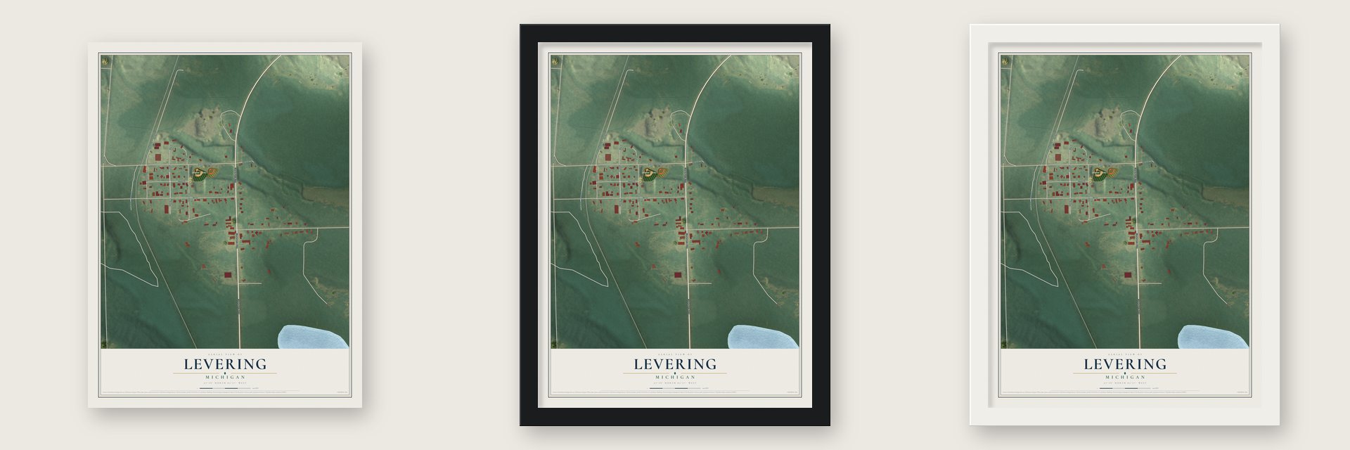 Levering, Michigan map unframed, in a black wood frame and in a white wood frame