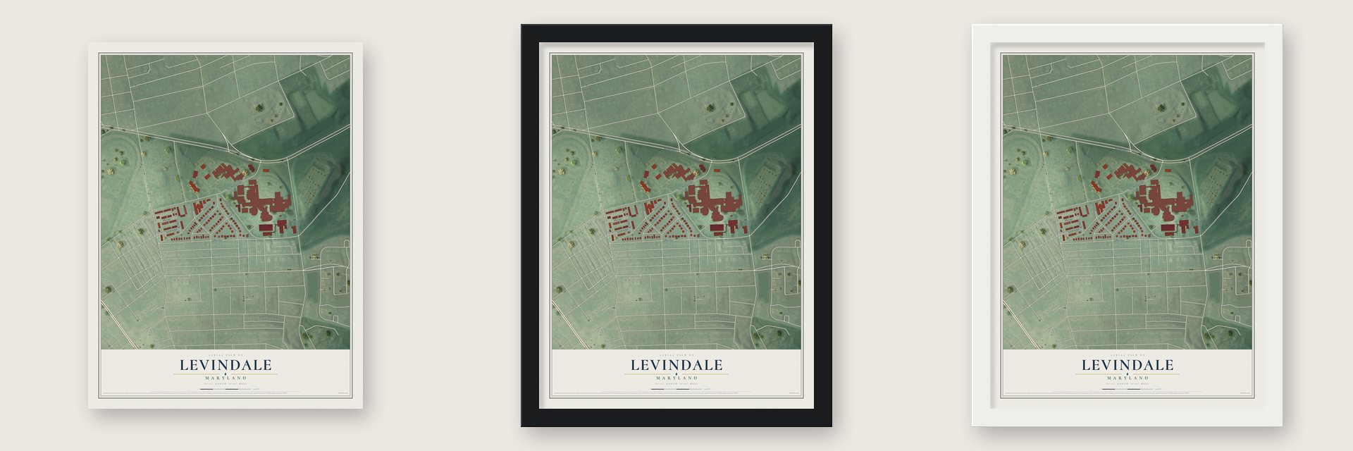 Levindale, Maryland map unframed, in a black wood frame and in a white wood frame