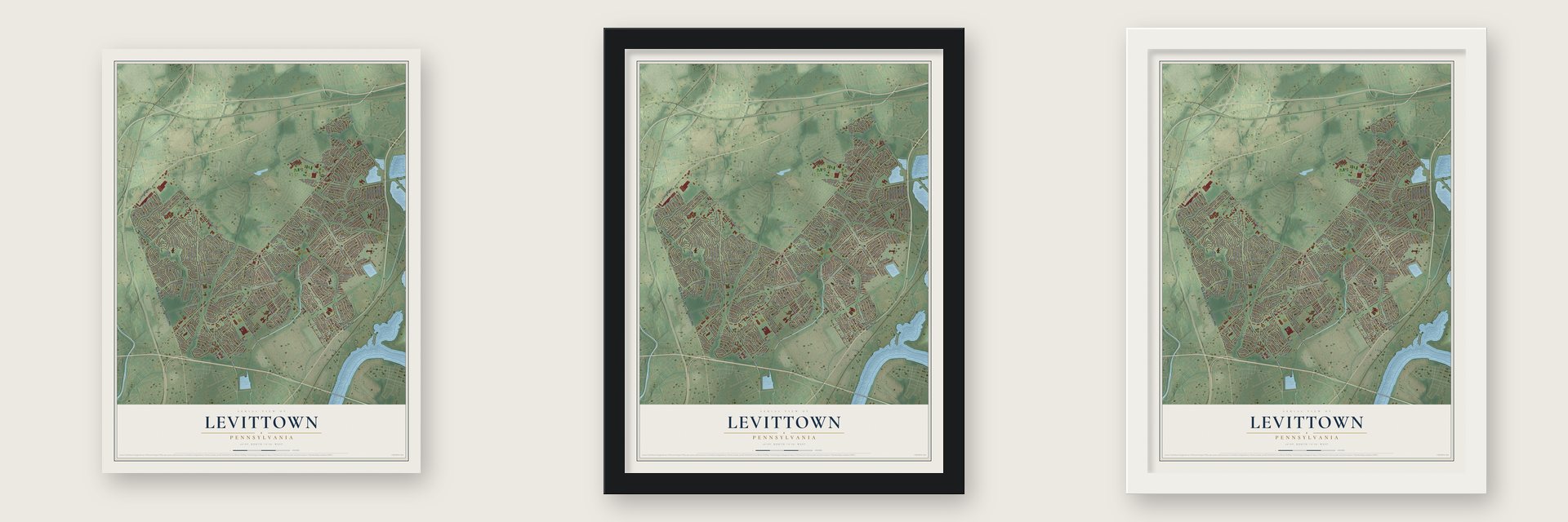Levittown, Pennsylvania map unframed, in a black wood frame and in a white wood frame