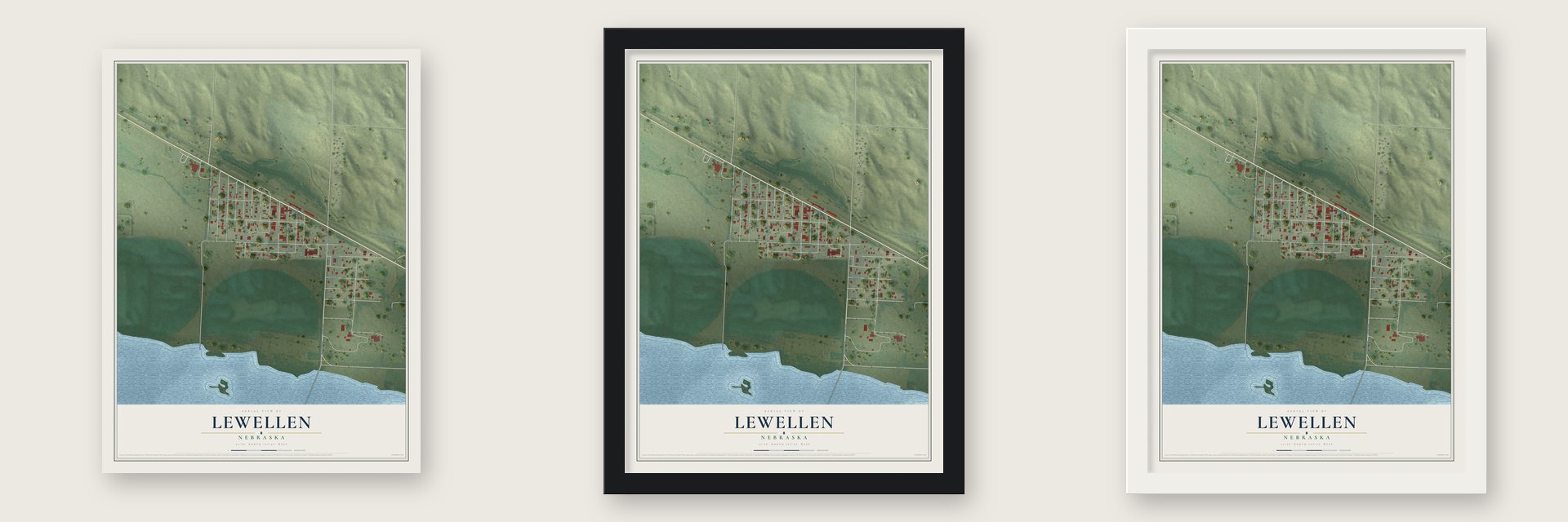 Lewellen, Nebraska map unframed, in a black wood frame and in a white wood frame