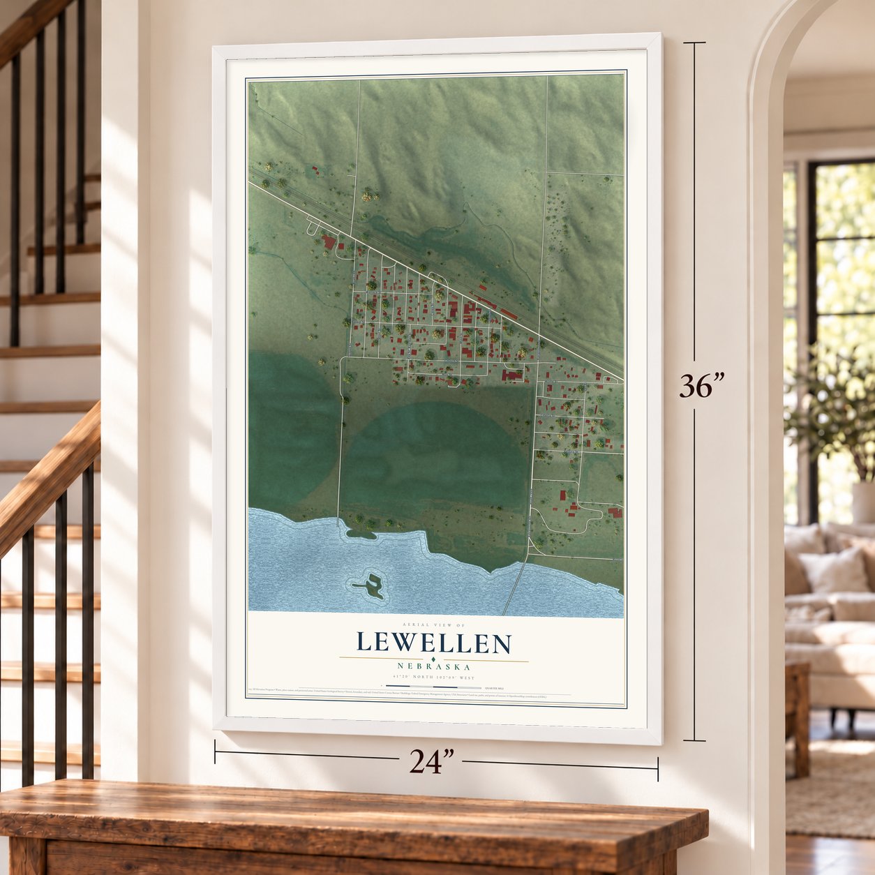 Lewellen, Nebraska map, 24 x 36 inch print in a white frame by a staircase