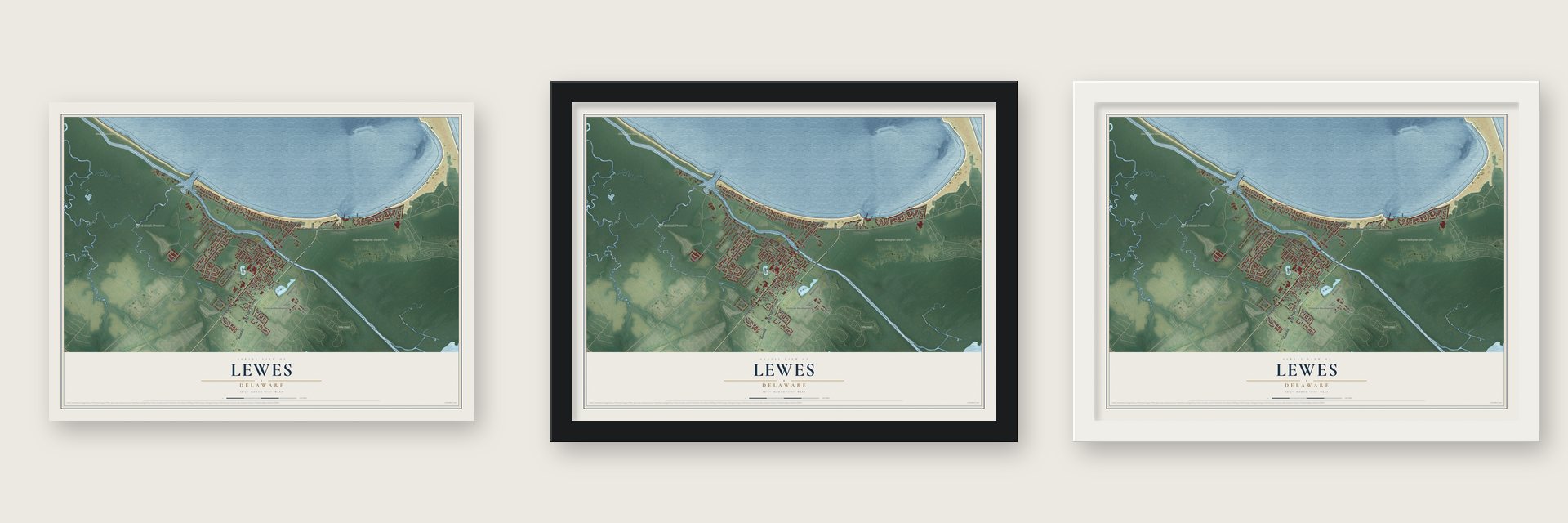 Lewes, Delaware map unframed, in a black wood frame and in a white wood frame