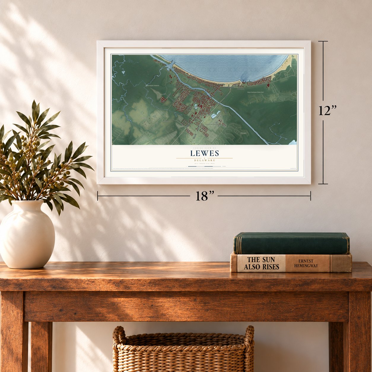Lewes, Delaware map, 12 x 18 inch print in a white frame in an entryway