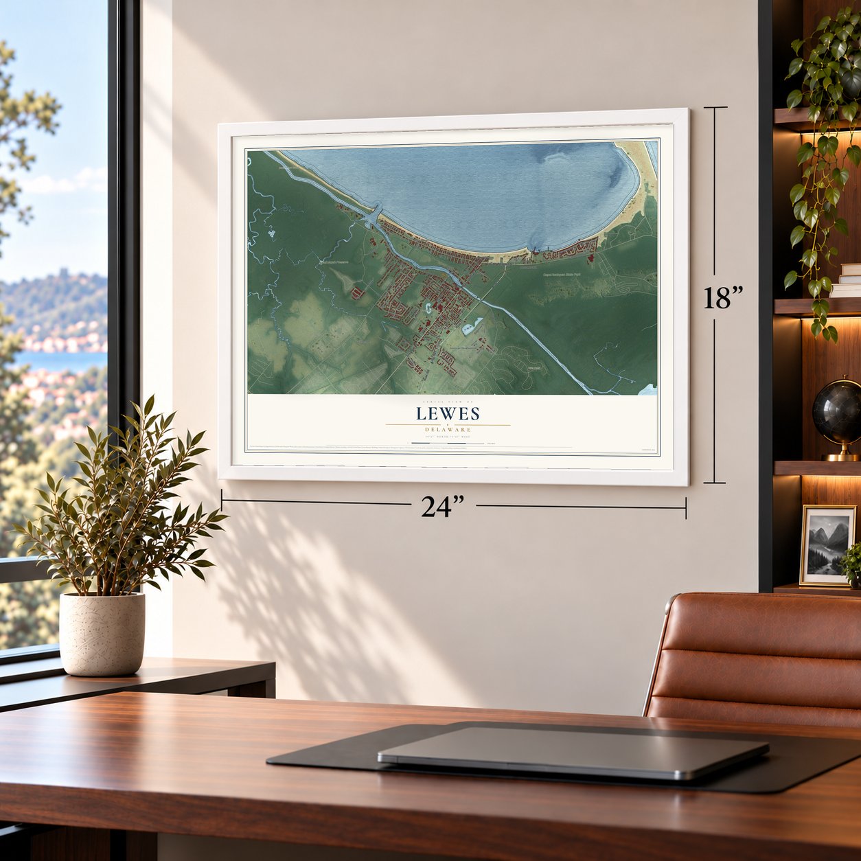 Lewes, Delaware map, 18 x 24 inch print in a white frame in a home office