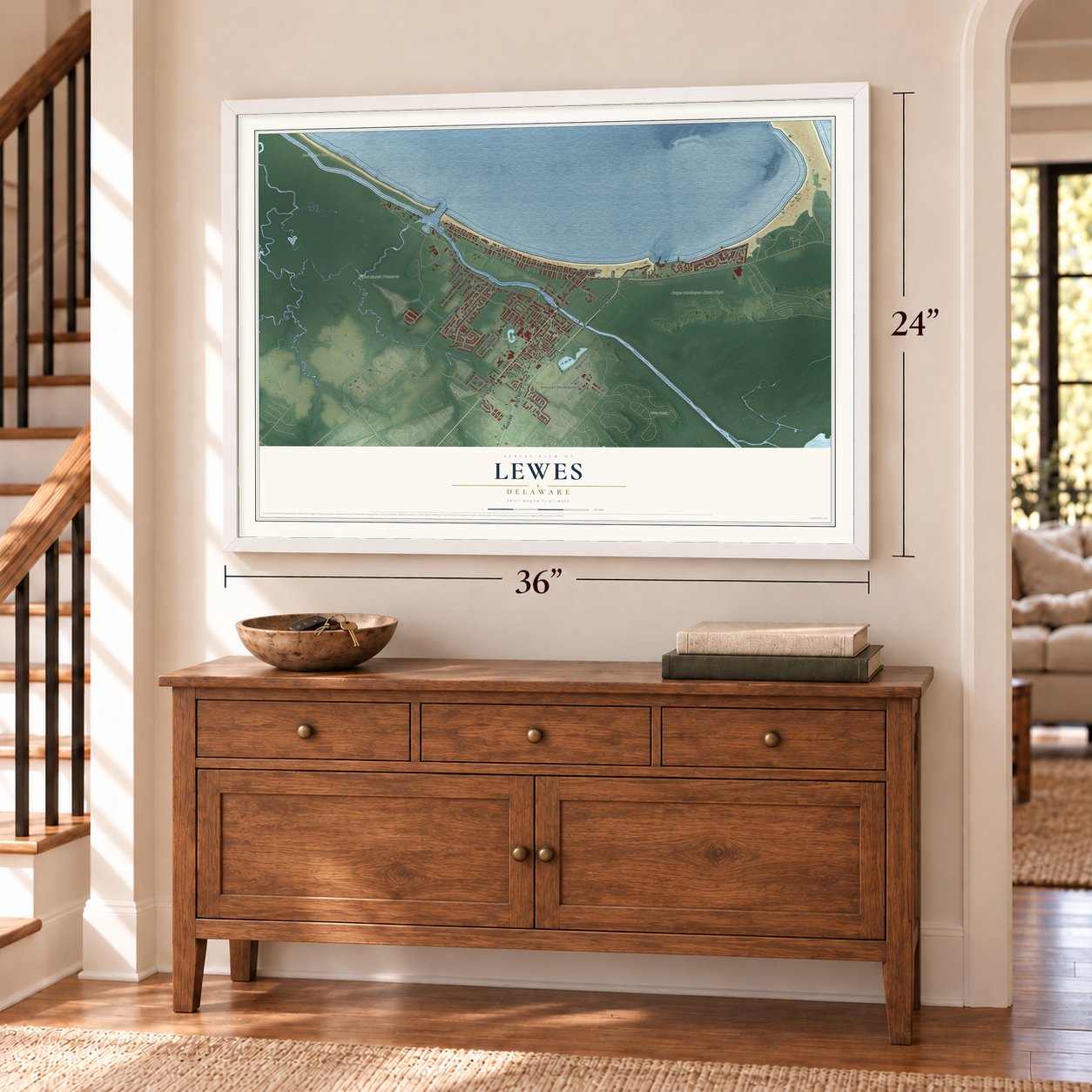 Lewes, Delaware map, 24 x 36 inch print in a white frame above a dresser by a staircase