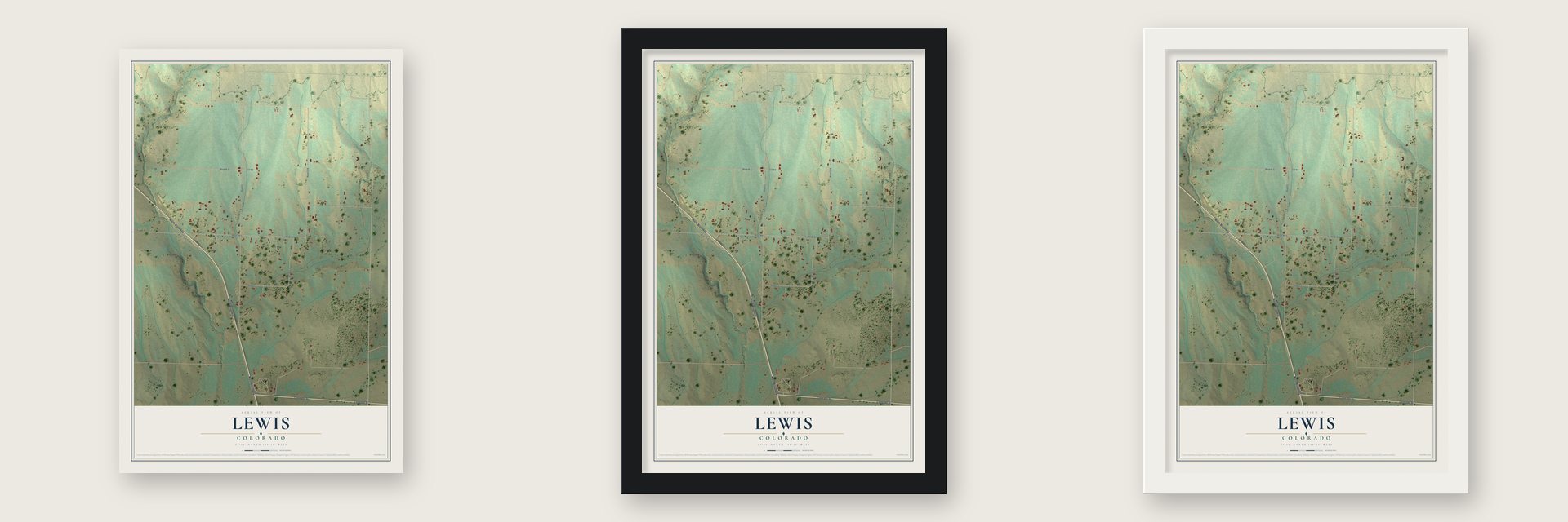 Lewis, Colorado map unframed, in a black wood frame and in a white wood frame