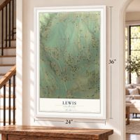 Lewis, Colorado map, 24 x 36 inch print in a white frame by a staircase