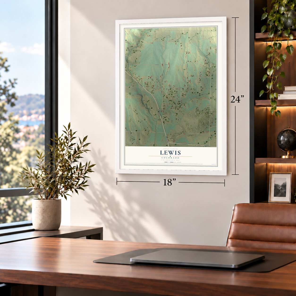 Lewis, Colorado map, 18 x 24 inch print in a white frame in a home office