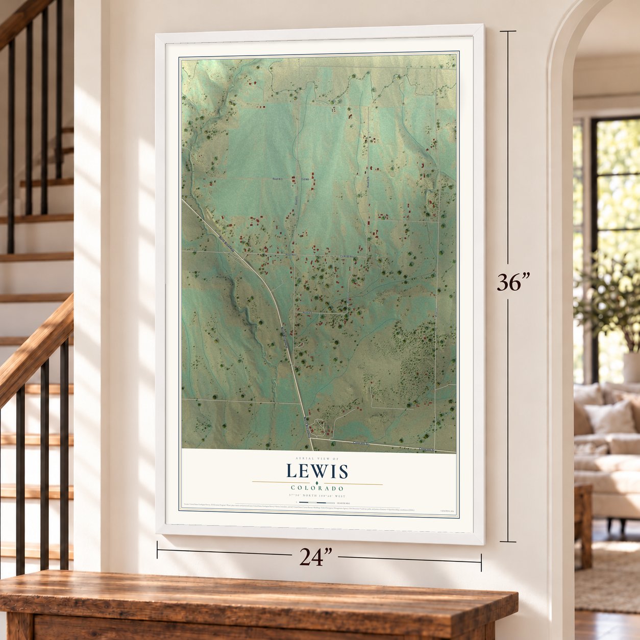 Lewis, Colorado map, 24 x 36 inch print in a white frame by a staircase