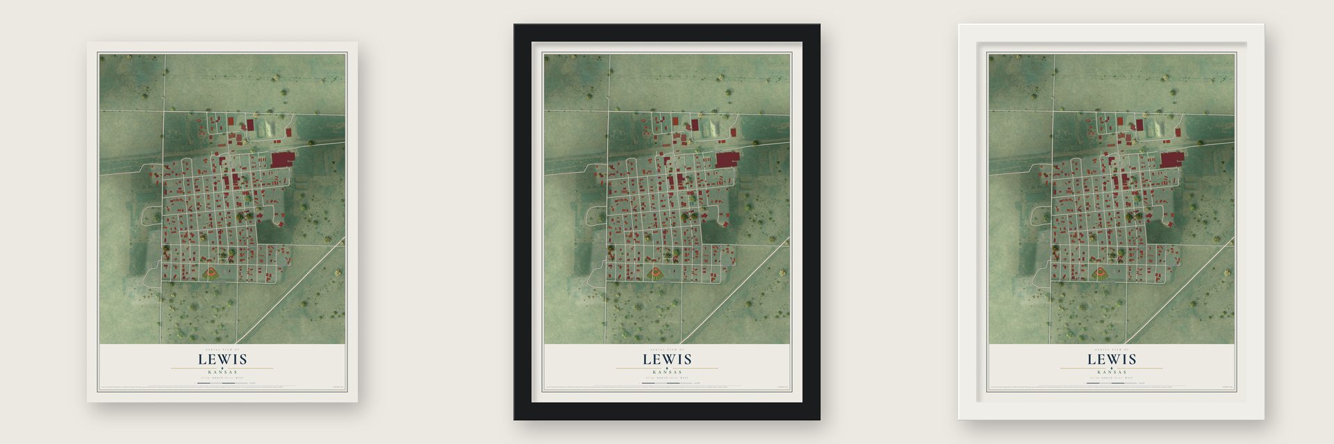 Lewis, Kansas map unframed, in a black wood frame and in a white wood frame