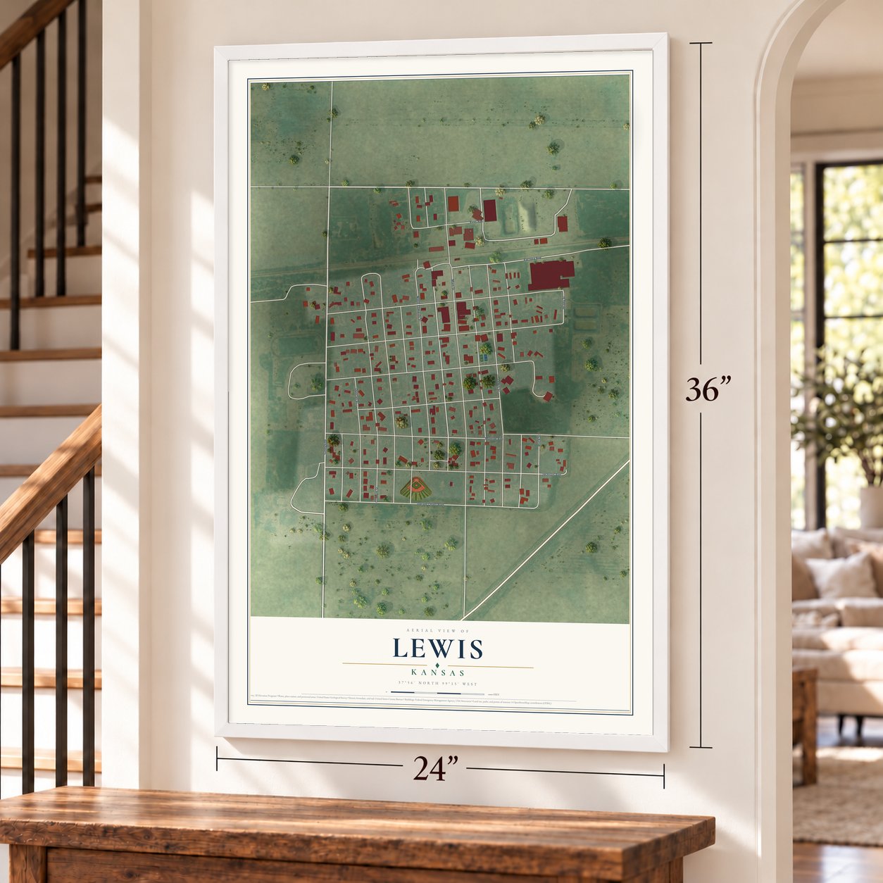 Lewis, Kansas map, 24 x 36 inch print in a white frame by a staircase