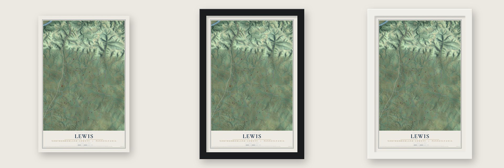 Lewis, Northumberland County, Pennsylvania map unframed, in a black wood frame and in a white wood frame