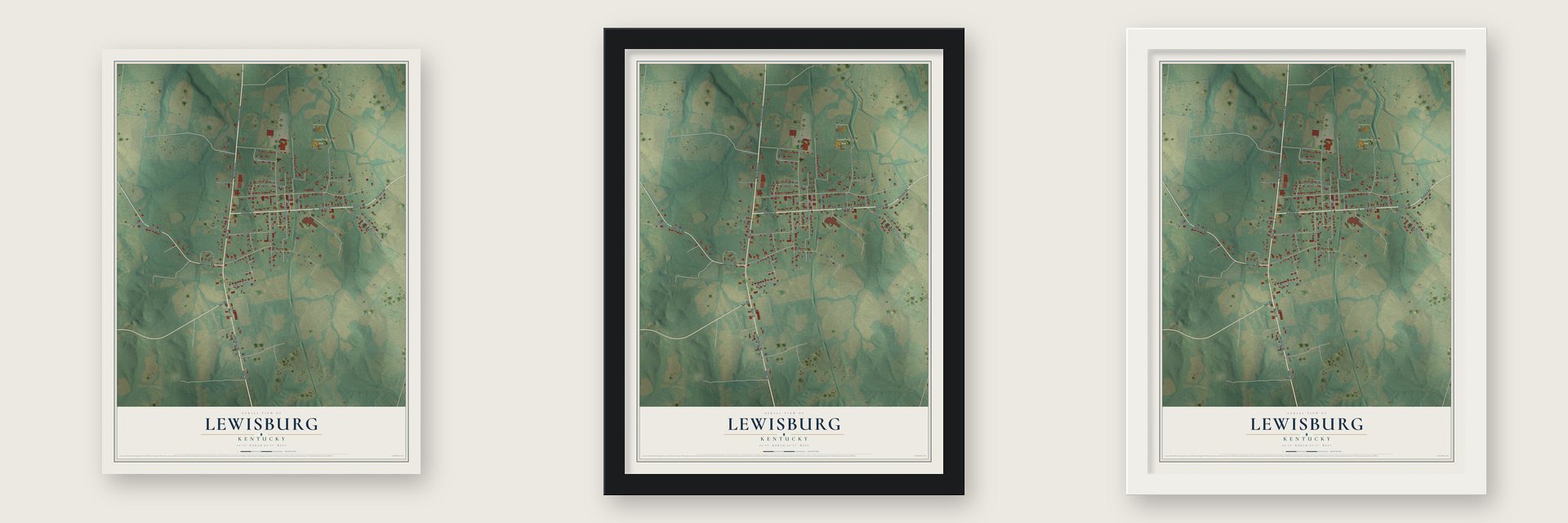 Lewisburg, Kentucky map unframed, in a black wood frame and in a white wood frame