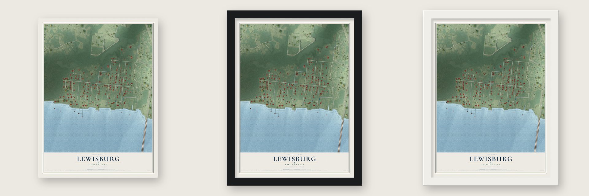 Lewisburg, Louisiana map unframed, in a black wood frame and in a white wood frame