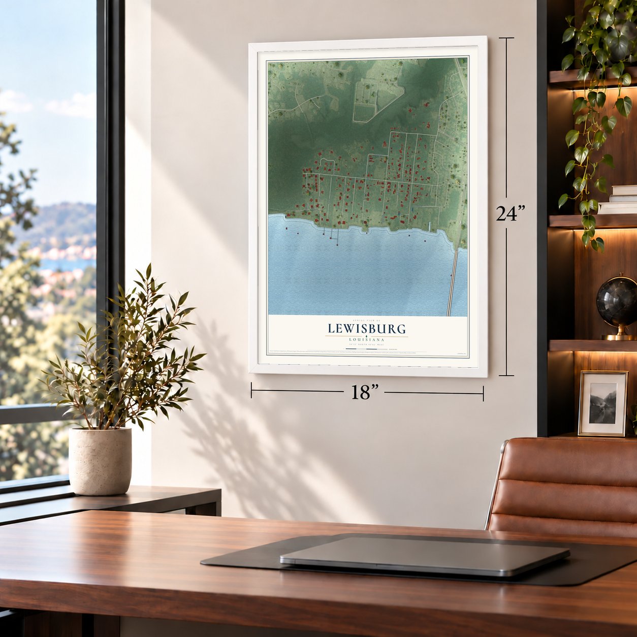 Lewisburg, Louisiana map, 18 x 24 inch print in a white frame in a home office