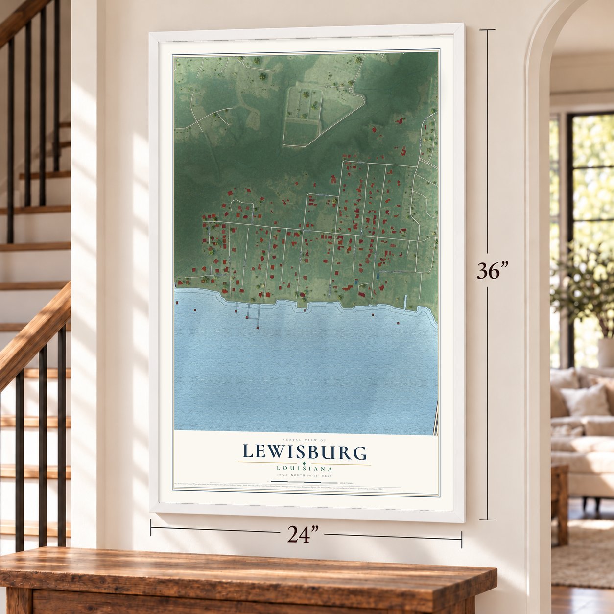 Lewisburg, Louisiana map, 24 x 36 inch print in a white frame by a staircase