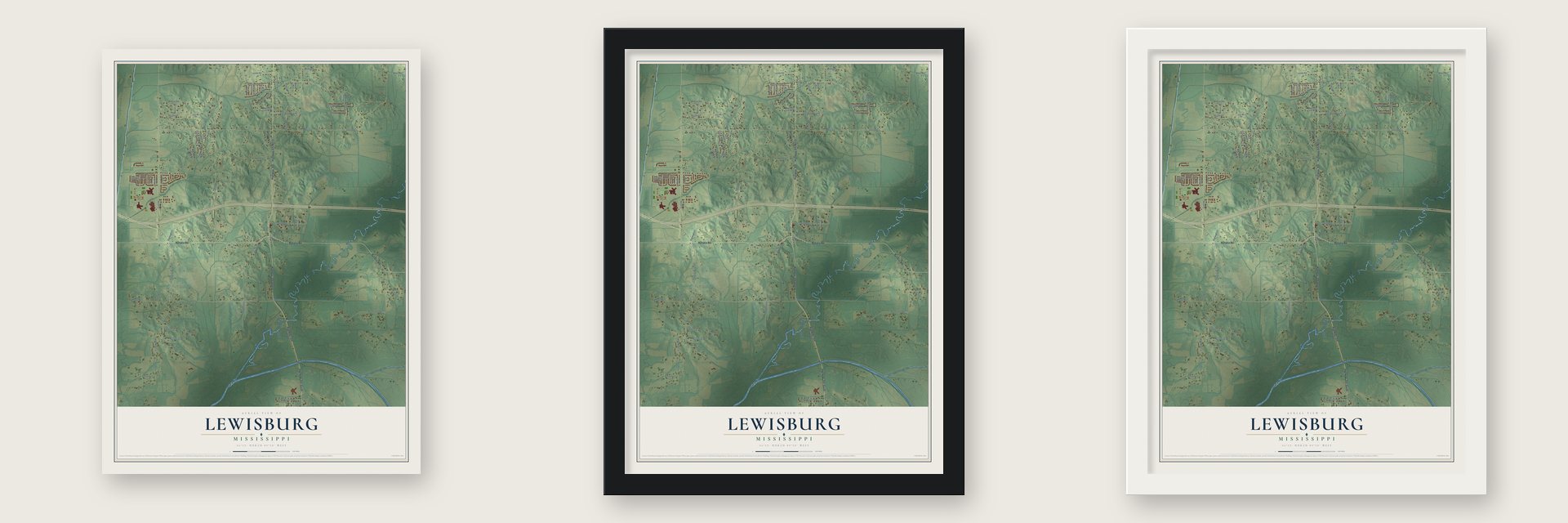 Lewisburg, Mississippi map unframed, in a black wood frame and in a white wood frame