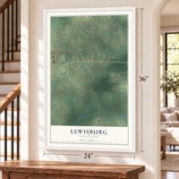 Lewisburg, Mississippi map, 24 x 36 inch print in a white frame by a staircase