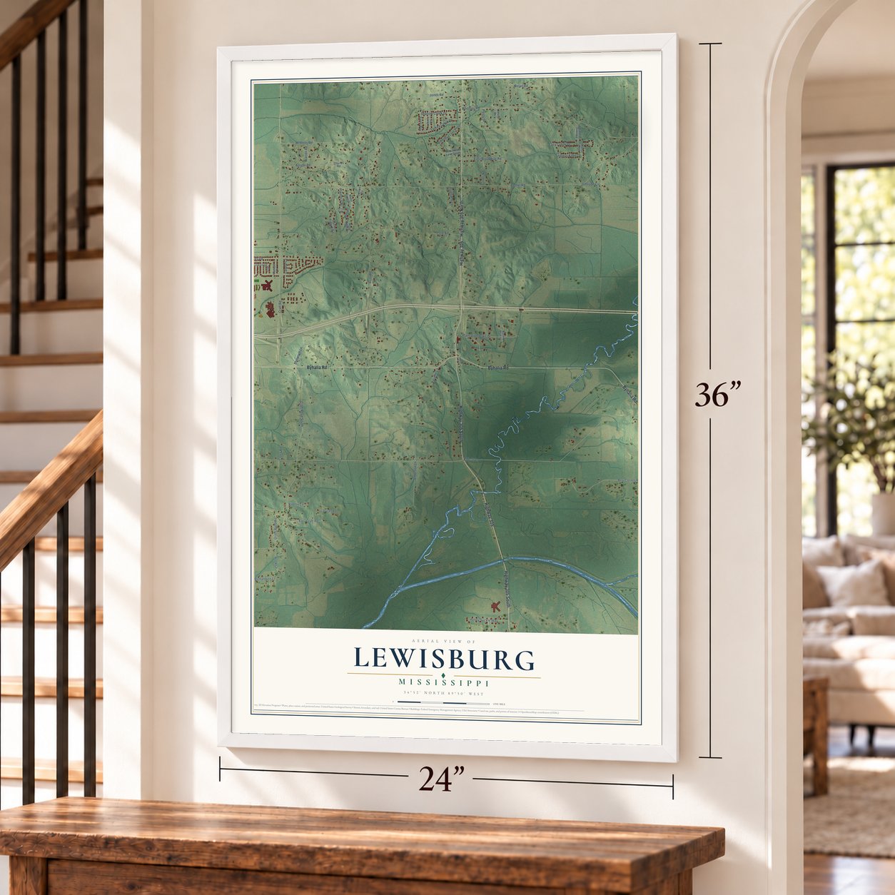 Lewisburg, Mississippi map, 24 x 36 inch print in a white frame by a staircase