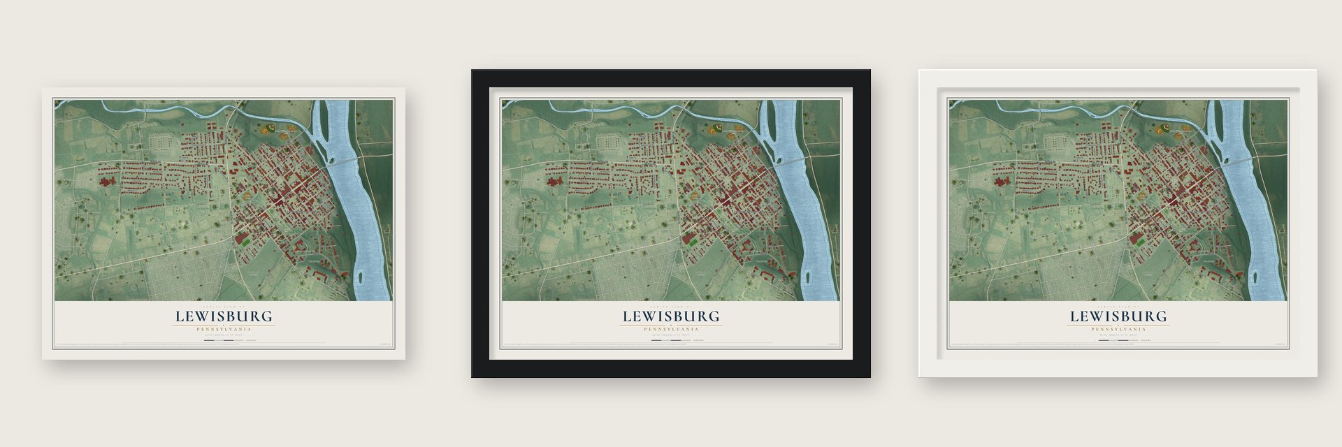 Lewisburg, Pennsylvania map unframed, in a black wood frame and in a white wood frame
