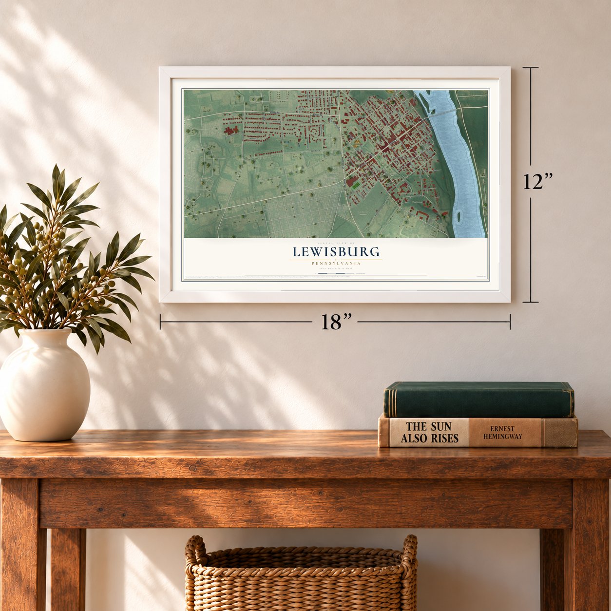 Lewisburg, Pennsylvania map, 12 x 18 inch print in a white frame in an entryway