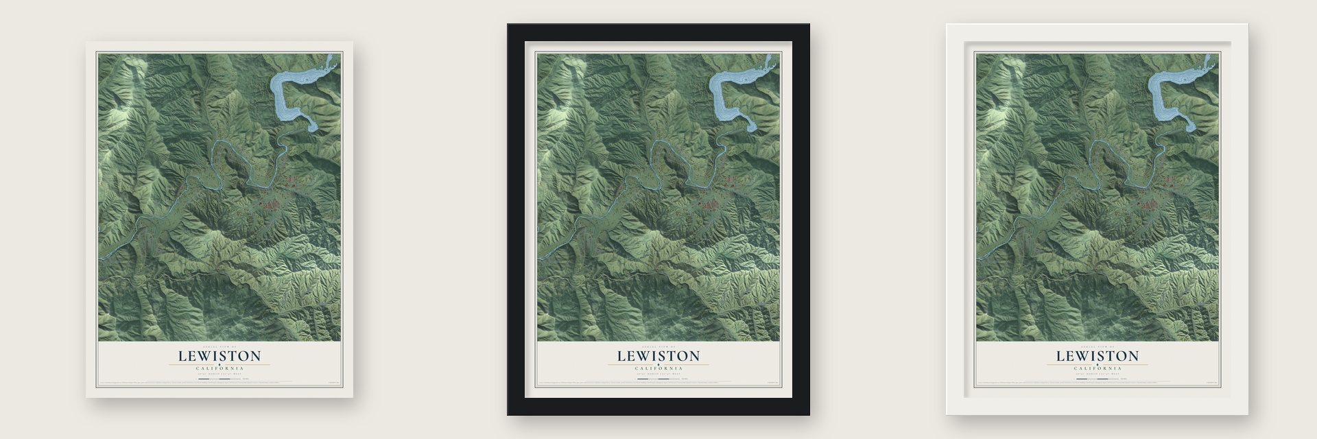 Lewiston, California map unframed, in a black wood frame and in a white wood frame