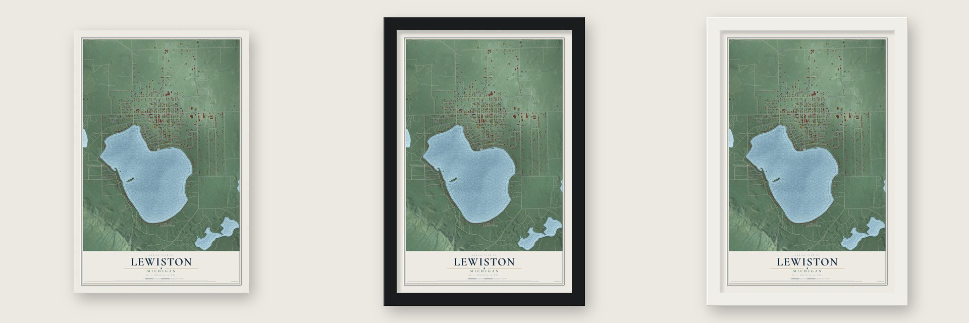 Lewiston, Michigan map unframed, in a black wood frame and in a white wood frame